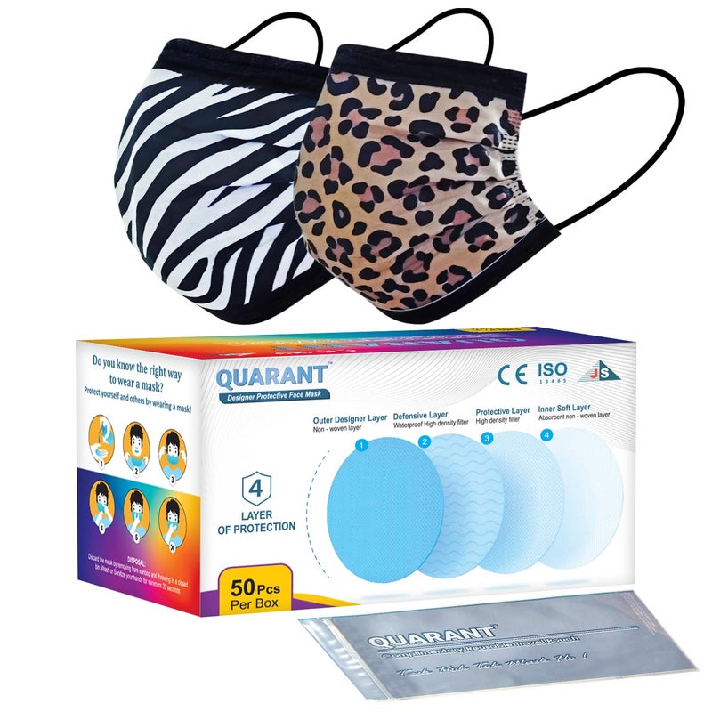 QUARANT Meltblown - Dual SMMS Fabric 4 Ply Designer Protective Face Mask with Nose Clip and Reusable Travel Pouch, Fashion That's Safe (Animal Print Combo, Pack of 50) for Unisex - Image 1
