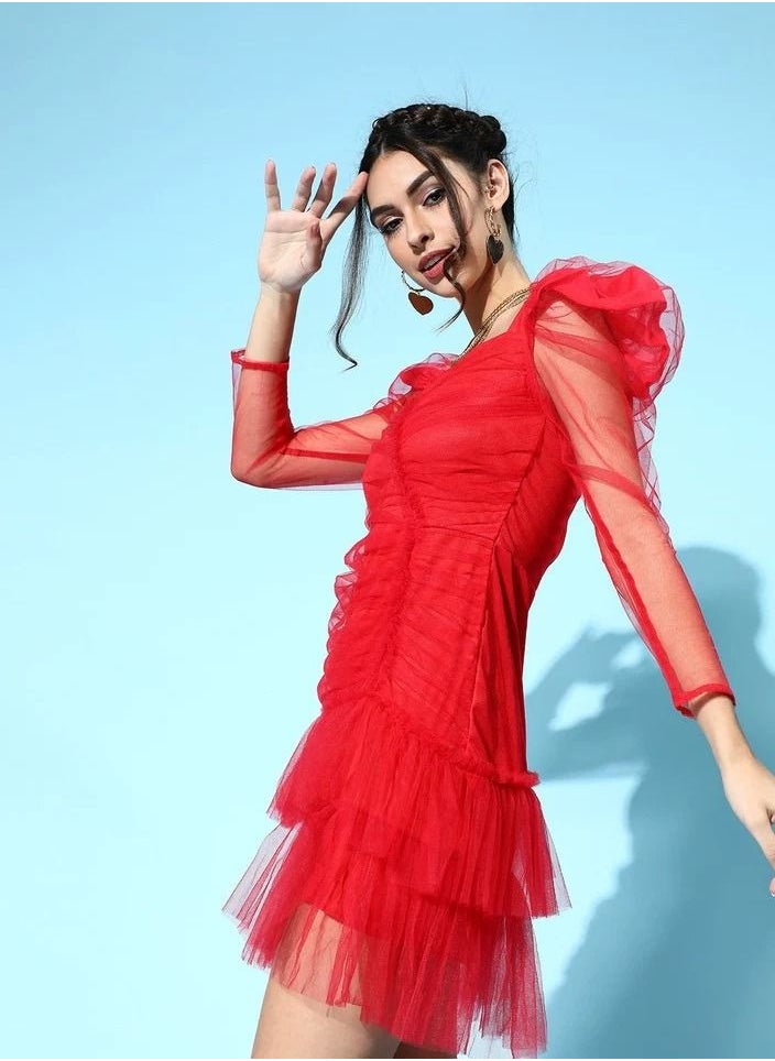 SASSAFRAS - RED MESH FLOUNCE SLEEVE SHORT DRESS - Image 1