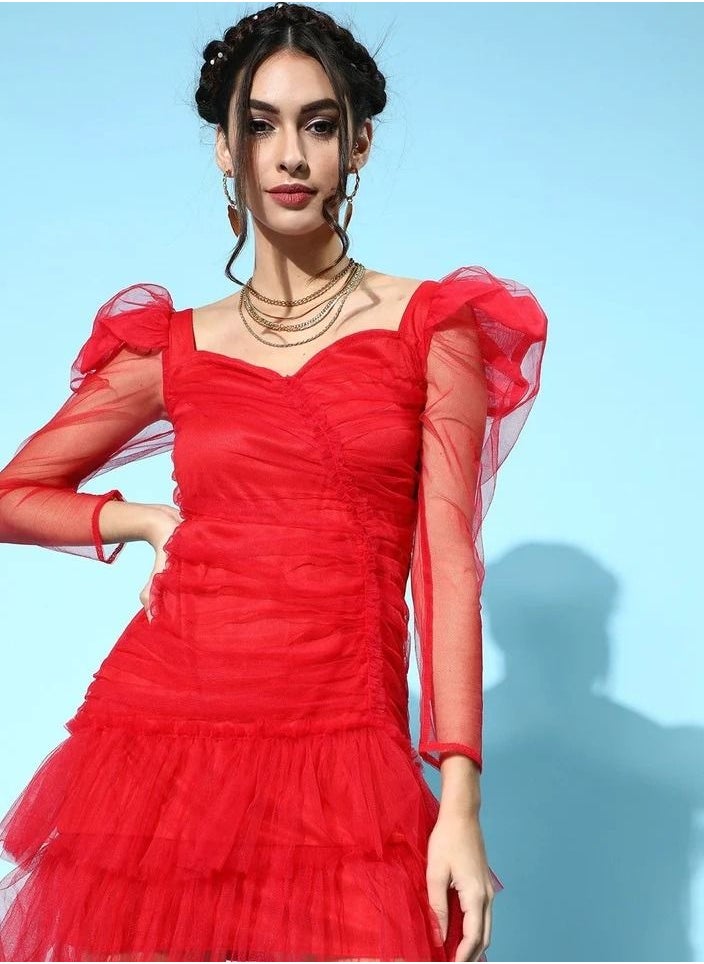 SASSAFRAS - RED MESH FLOUNCE SLEEVE SHORT DRESS - Image 1