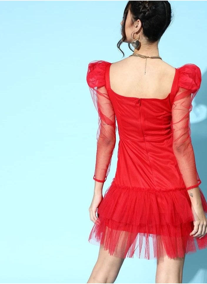 SASSAFRAS - RED MESH FLOUNCE SLEEVE SHORT DRESS - Image 1