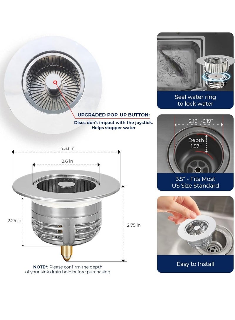 Zikra Upgraded 3-in-1 Kitchen Sink Strainer And Stopper, 304 Stainless Steel Pop-Up Sink Stopper with Fast Drainage, Anti-Clogging Basket Filter, Odor & Insect Blocking for US Standard 3-1/2 Inch Drain - Image 3