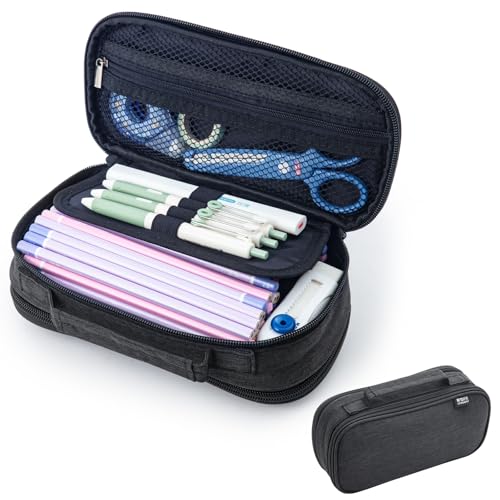 M.G حافظة أقلام M&G بسعة كبيرة، حقيبة أقلام بسعة كبيرة، منظم حقيبة أقلام متعددة الفتحات، حقائب أقلام كبيرة محمولة بسحاب لفرش المكياج للشباب والفتيات في المكتب (أسود) - Image 1