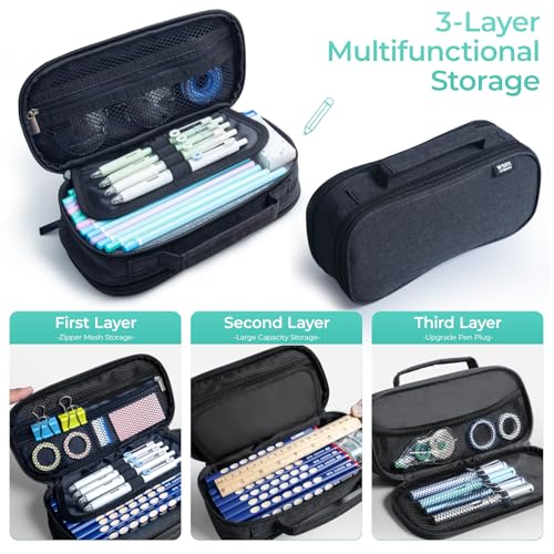 M.G حافظة أقلام M&G بسعة كبيرة، حقيبة أقلام بسعة كبيرة، منظم حقيبة أقلام متعددة الفتحات، حقائب أقلام كبيرة محمولة بسحاب لفرش المكياج للشباب والفتيات في المكتب (أسود) - Image 3