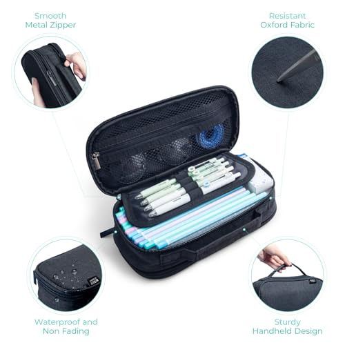 M.G حافظة أقلام M&G بسعة كبيرة، حقيبة أقلام بسعة كبيرة، منظم حقيبة أقلام متعددة الفتحات، حقائب أقلام كبيرة محمولة بسحاب لفرش المكياج للشباب والفتيات في المكتب (أسود) - Image 4