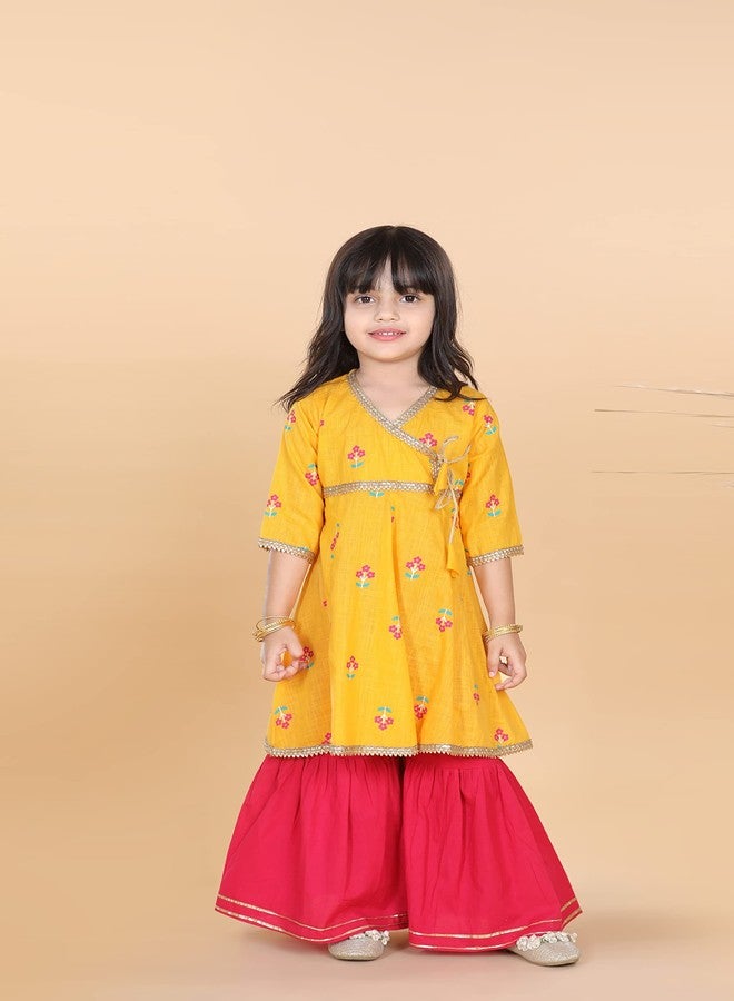 Adiva Kids Cotton 3/4th Sleeve Yellow Kurta Sharara Set for Girls - Ethnic Wear | Festival Wear - Floral Pattern, Regular Fit - Image 2