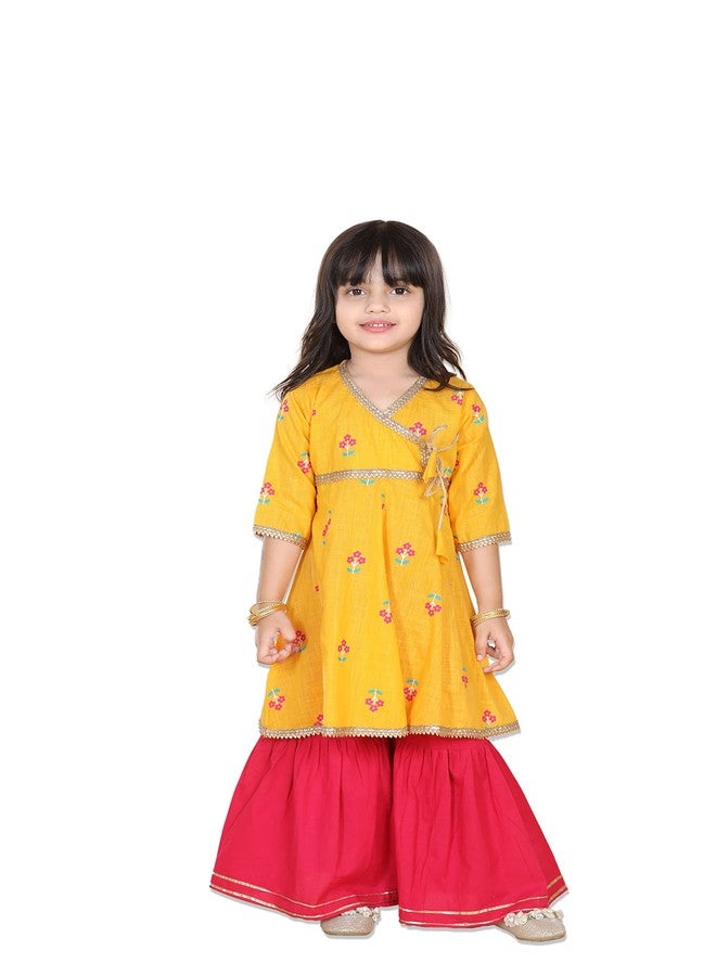Adiva Kids Cotton 3/4th Sleeve Yellow Kurta Sharara Set for Girls - Ethnic Wear | Festival Wear - Floral Pattern, Regular Fit - Image 1