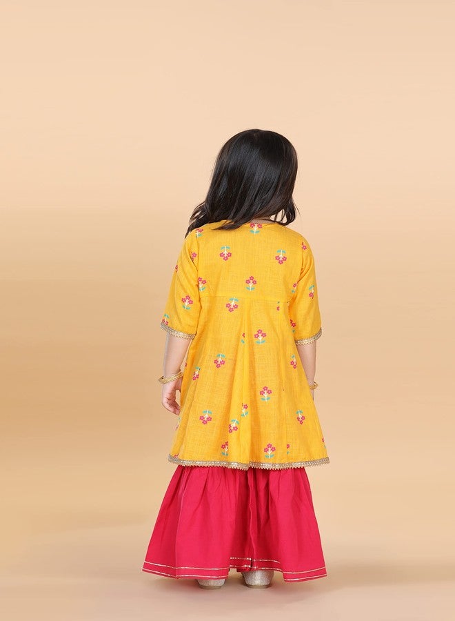 Adiva Kids Cotton 3/4th Sleeve Yellow Kurta Sharara Set for Girls - Ethnic Wear | Festival Wear - Floral Pattern, Regular Fit - Image 5
