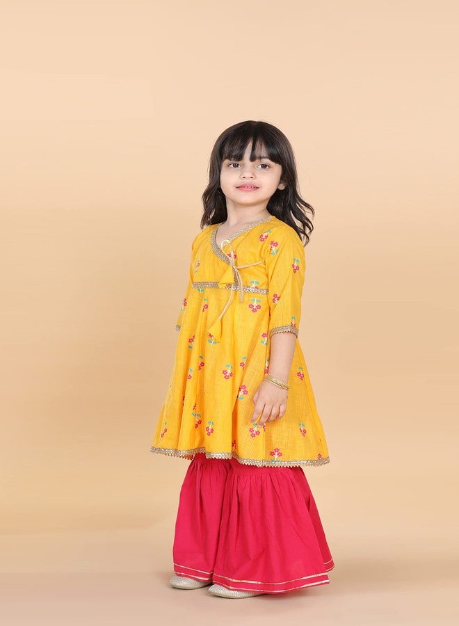 Adiva Kids Cotton 3/4th Sleeve Yellow Kurta Sharara Set for Girls - Ethnic Wear | Festival Wear - Floral Pattern, Regular Fit - Image 4