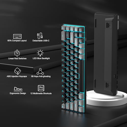 MageGee كيبورد ميكانيكي للألعاب محمول MageGee 60%، MK-Box بإضاءة خلفية LED، كيبورد مكتبي مدمج 68 مفتاح سلكي مع مفتاح أحمر لأجهزة ويندوز ولابتوب ماك - أسود/رمادي - Image 2