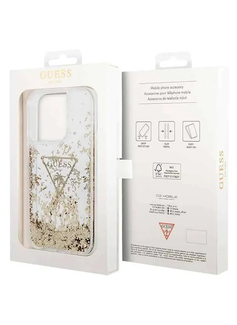 جراب iPhone 15 Pro HC Liquid Glitter مع شعار Guess المثلث / ممتص للصدمات / جراب بحلقة مرتفعة / نحيف / سهل التركيب - شفاف