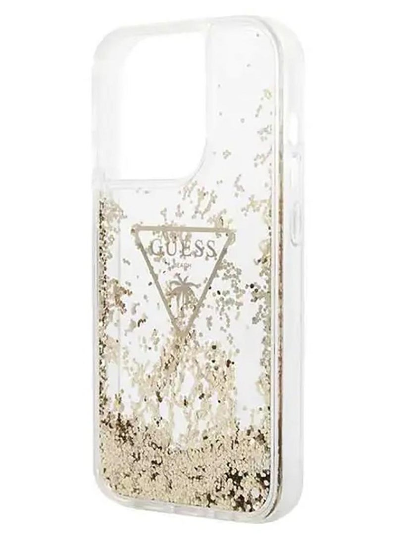 GUESS iPhone 15 Pro Case HC Liquid Glitter with Triangle Guess Logo / Shock-Absorbent / Lifted Ring Case / Slim Profile / Easy Snap-On - Transparent - Image 1