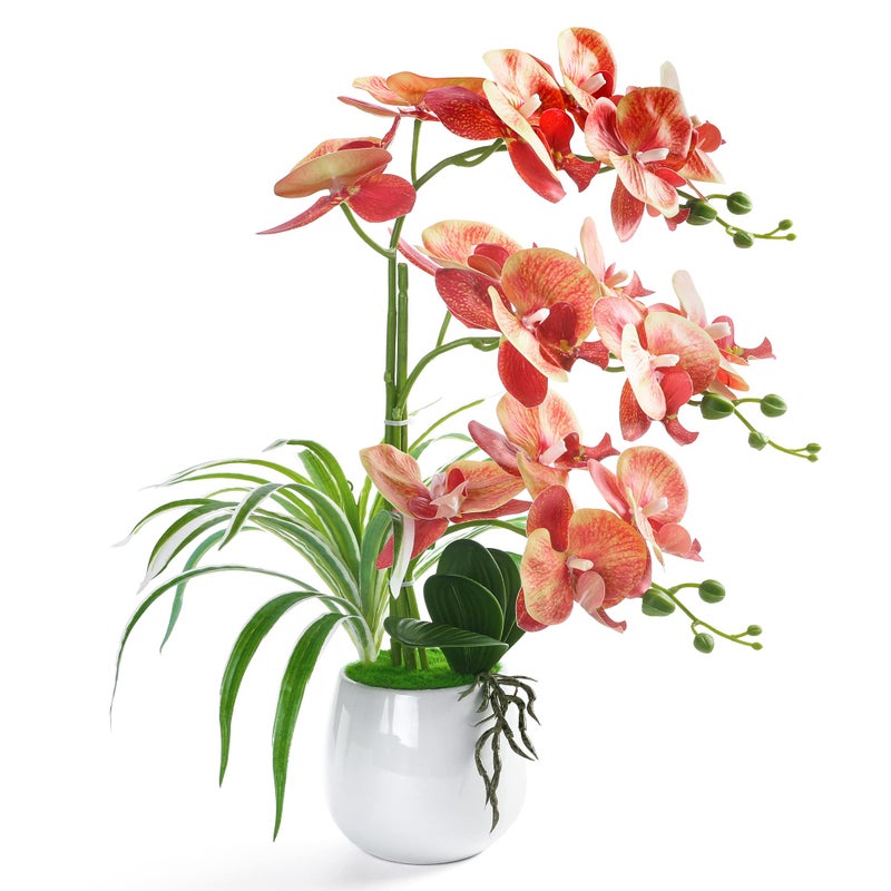 WW Artificial Orchid Plants and Flowers with Vase Fake Faux Orchid in Ceramic Pot19 Orange