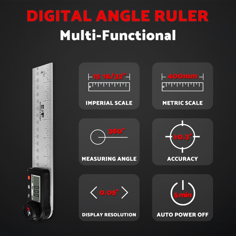 S&F STEAD & FAST Digital Angle Finder Tool for Woodworking 7 inch / 200 mm, Stainless Steel with Case, Digital Protractor Angle Finder for Measurement by S&F STEAD & FAST - Image 2
