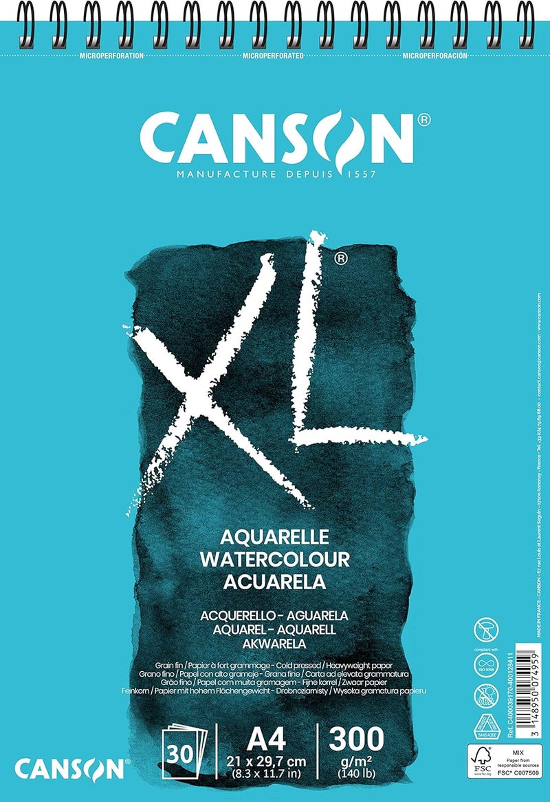 Canson® XL® Watercolour Spiral Pad, A4, 300gsm, Cold Pressed, White, 30 Sheets