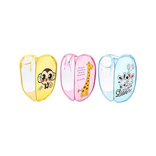 vanki vanki Vanki Deluxe Mesh Pop-Up Laundry Hamper with Side Pocket and Handles ,Cartoon Theme- Giraffe /Monkey / Rabbit 3pcs - Image 1
