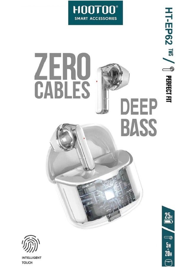 HooToo - Hootoo HT-EP62 TWS earphones with Hifi sound, Deep bass, Clear Microphone, and 25H of working. Clear White. - Image 1