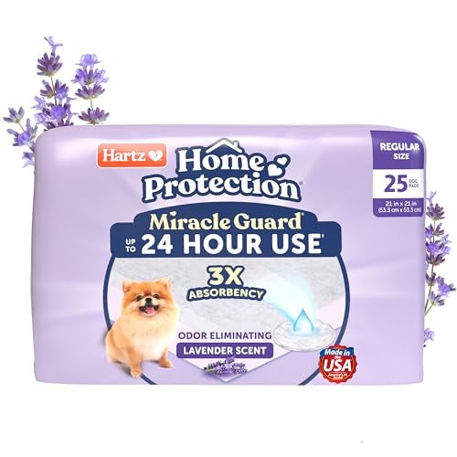 Hartz Miracle Guard Dog and Puppy Dog Pads Max Absorbency 24 Hour Use Odor Eliminating Lavender Scented No Leaks Regular Size 25 Count - Image 1