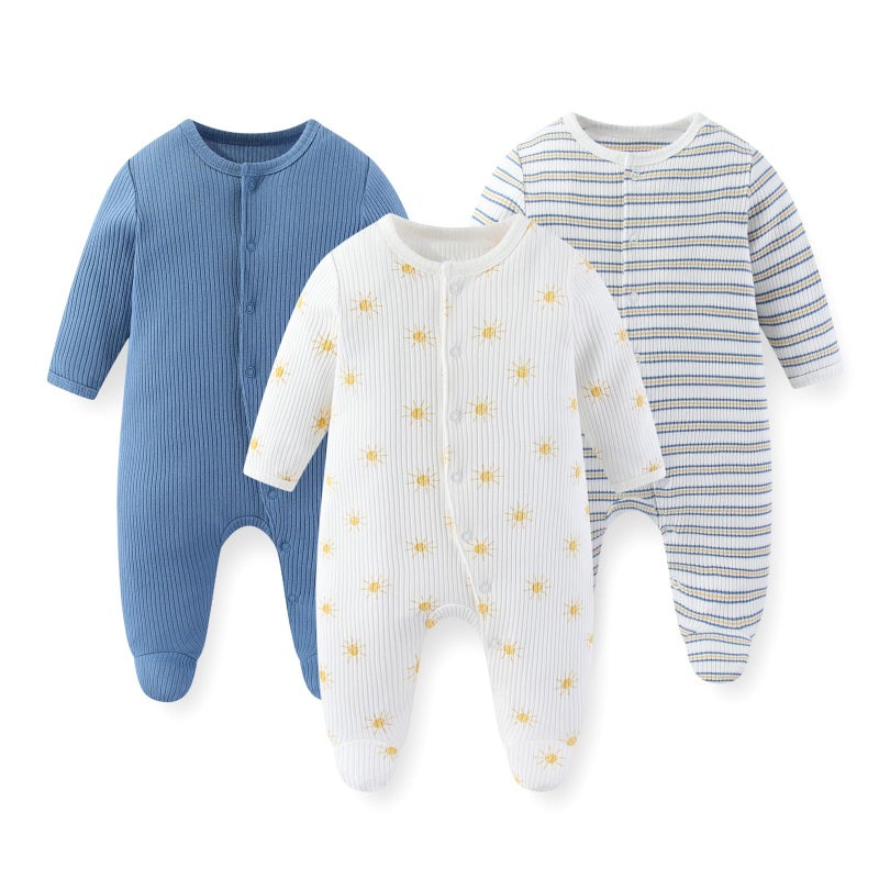 JELYLOVE Unisex Baby Boy Girl Footies Rompers Cotton Long Sleeve 3 Pack Infant Jumpsuits 0-12Months Babies' Outfits - Image 2