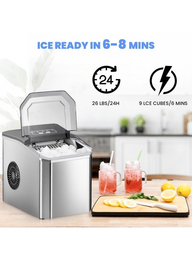 GGEROU Countertop Ice Maker 26Lbs/24Hours Portable Small Ice Machine Stainless Steel Bullet Ice Machine with Scoop, Low Noise, Compact, Self-Cleaning Mini Ice Maker for Kitchen Office Camping Party - Image 2