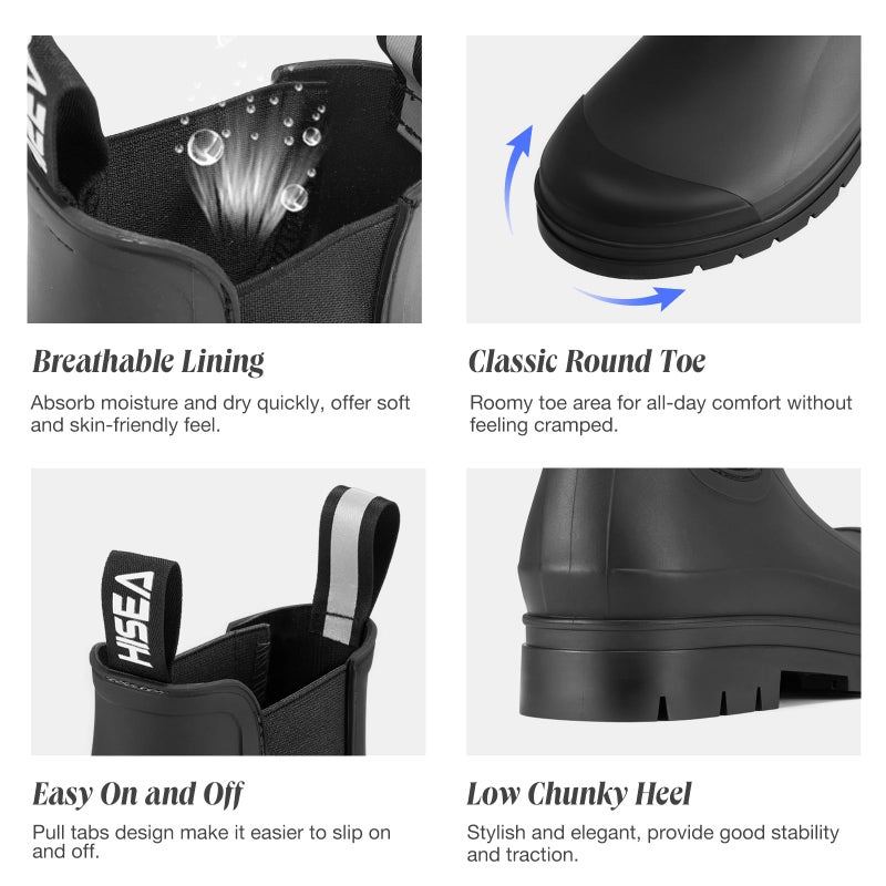 HISEA Women's Short Rain Boots Fashion Waterproof Chelsea Boots Ankle Garden Shoes for Ladies Non Slip Outdoor Work Booties Lightweight Rubber Rainboots with Comfort Insole, Size 8 Black - Image 5