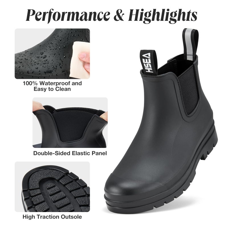 HISEA Women's Short Rain Boots Fashion Waterproof Chelsea Boots Ankle Garden Shoes for Ladies Non Slip Outdoor Work Booties Lightweight Rubber Rainboots with Comfort Insole, Size 8 Black - Image 4