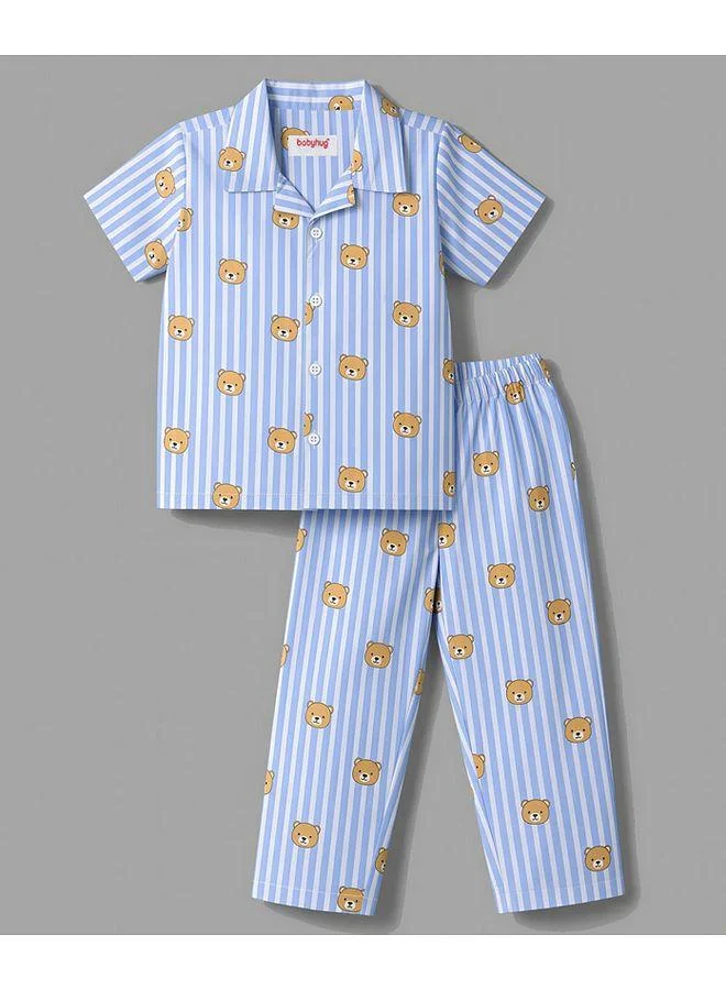 Babyhug Babyhug Cotton Knit Half Sleeves Striped & Bear Printed Shirt & Pajama Night Suit - Light Blue