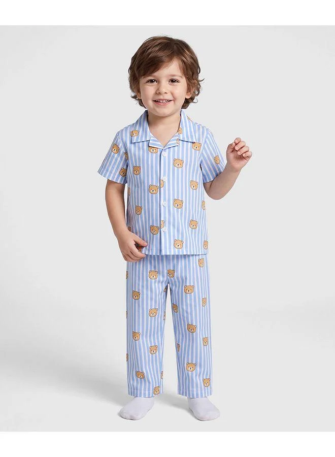 Babyhug Babyhug Cotton Knit Half Sleeves Striped & Bear Printed Shirt & Pajama Night Suit - Light Blue