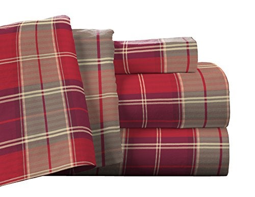 Pointehaven Flannel Deep Pocket Set with Oversized Flat Sheet, Queen, Piedmont Plaid - Image 1