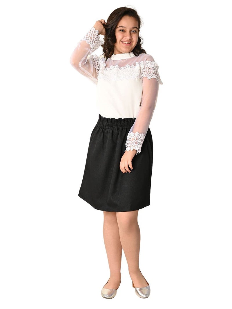 LILPICKS Girls Stylish Lace Netted Top with Plain Skirt Set (White Black) (6-7Y) - Image 1