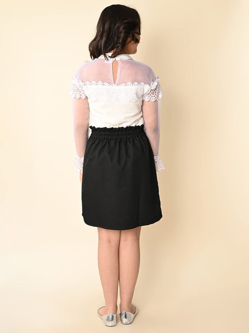 LILPICKS Girls Stylish Lace Netted Top with Plain Skirt Set (White Black) (6-7Y) - Image 5