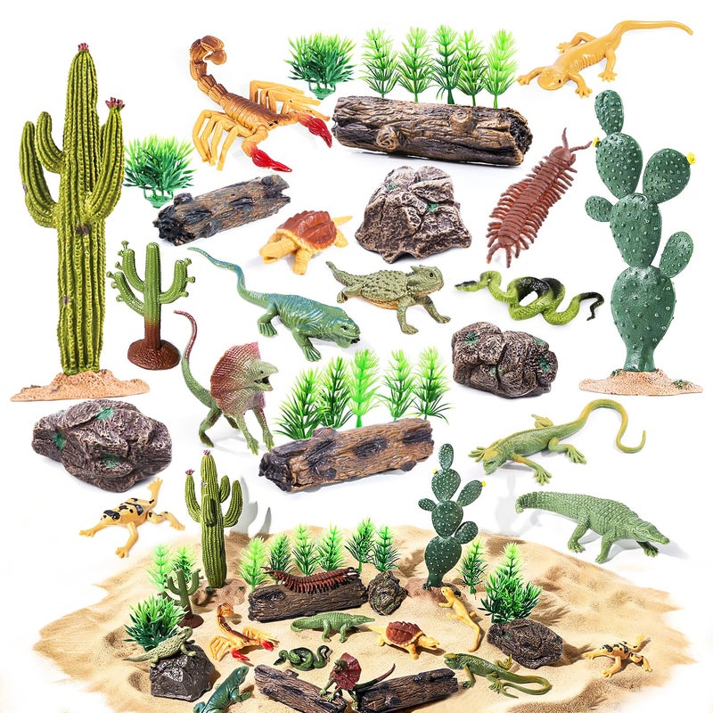 kukifun 32Pcs Desert Reptiles Animals Figures Toys School Projects Diorama Kit Lizard Snake Cactus Plants Rock Playset for Kids Toddlers Cake Toppers Birthday Party Favor Decorations - Image 2