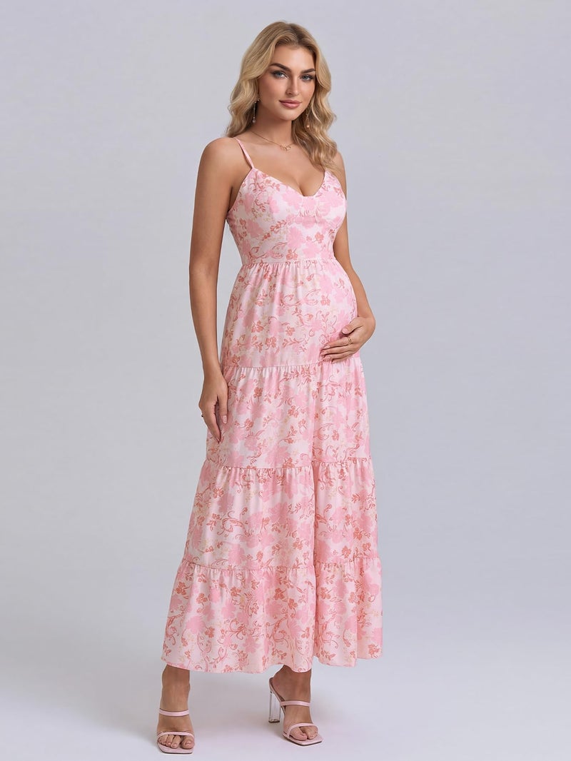 HTZMO Maternity Floral Summer Maxi Dress Bow Tie V Neck Baby Shower Photoshoot Casual Boho Long Sundress for Women Pink Floral M - Image 4