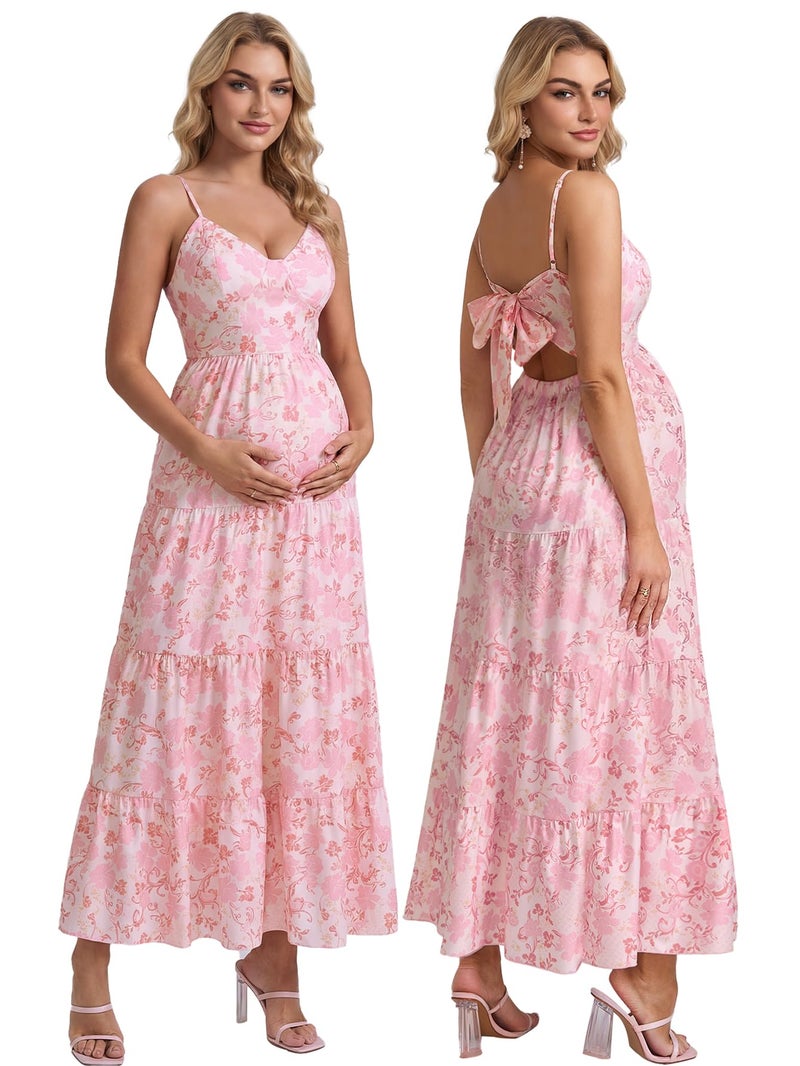HTZMO Maternity Floral Summer Maxi Dress Bow Tie V Neck Baby Shower Photoshoot Casual Boho Long Sundress for Women Pink Floral M - Image 1