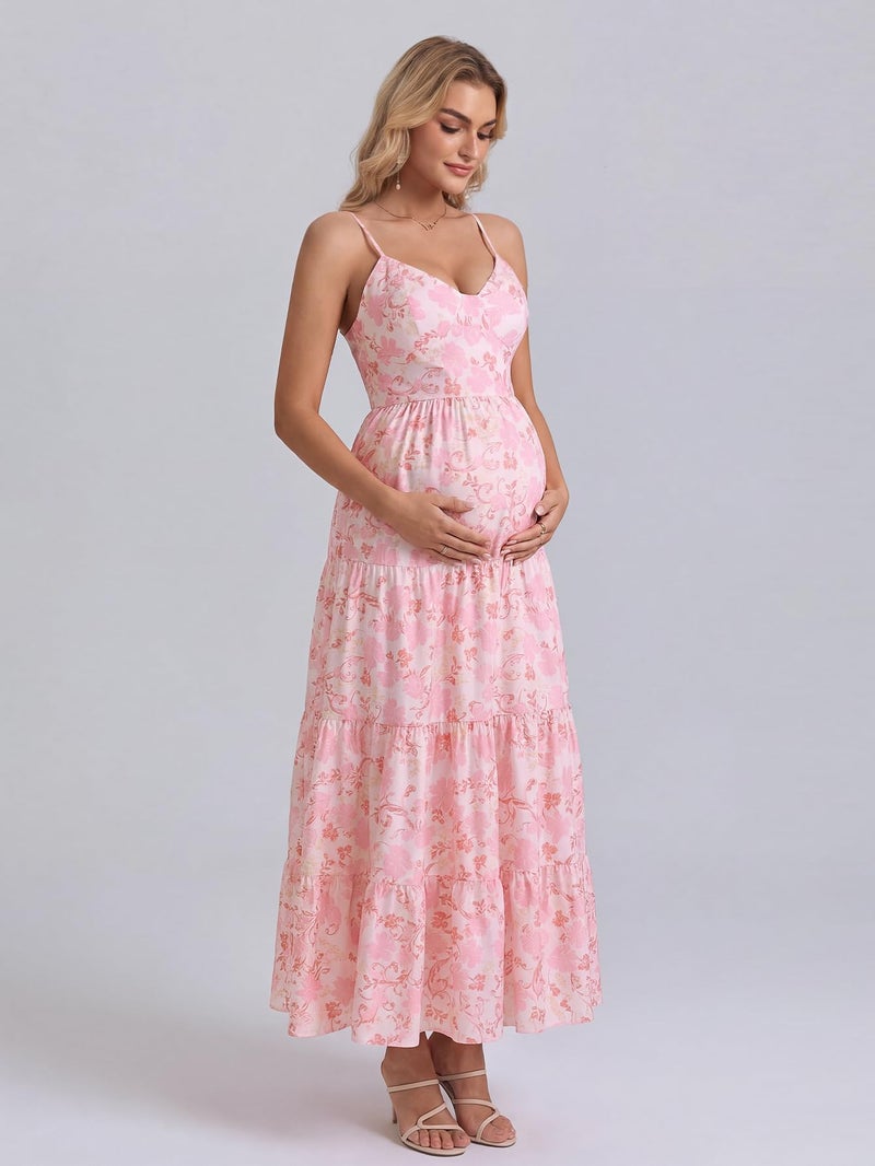HTZMO Maternity Floral Summer Maxi Dress Bow Tie V Neck Baby Shower Photoshoot Casual Boho Long Sundress for Women Pink Floral M - Image 3