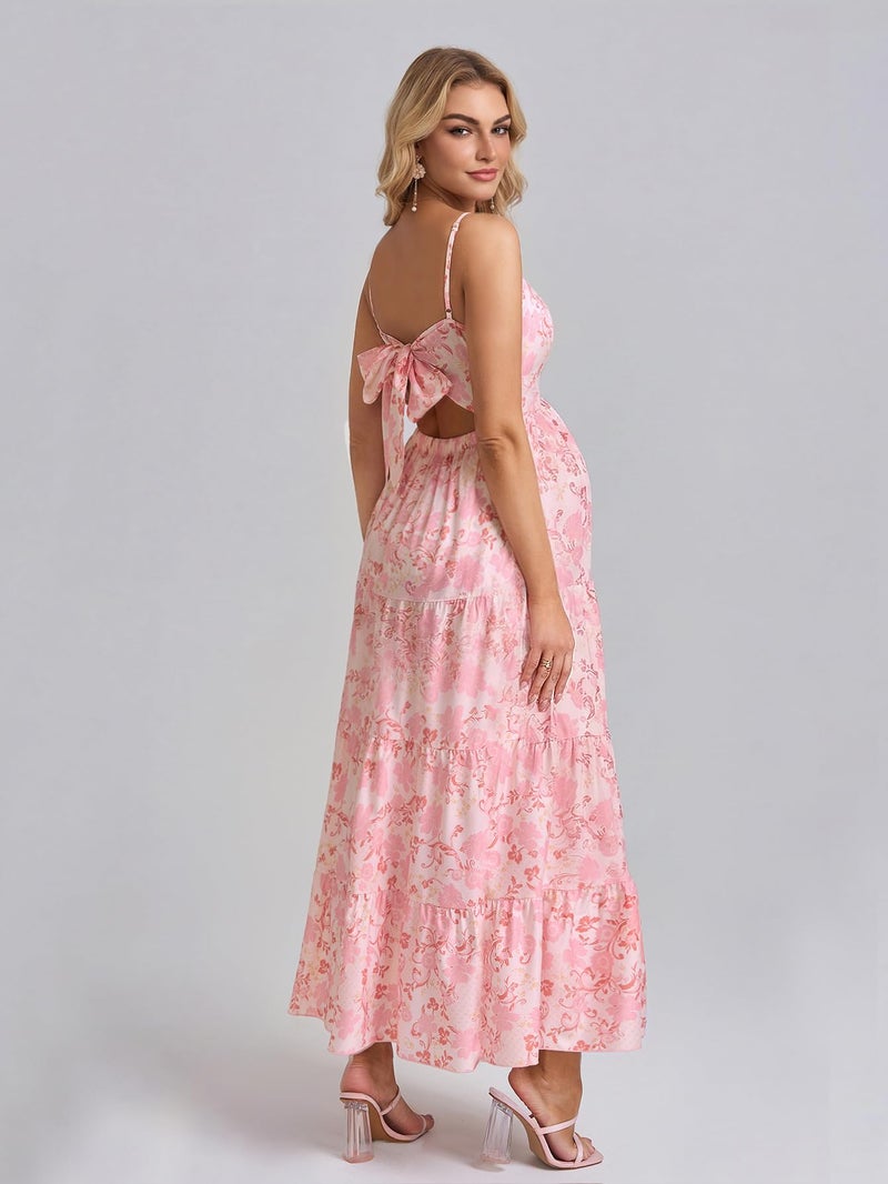HTZMO Maternity Floral Summer Maxi Dress Bow Tie V Neck Baby Shower Photoshoot Casual Boho Long Sundress for Women Pink Floral M - Image 5