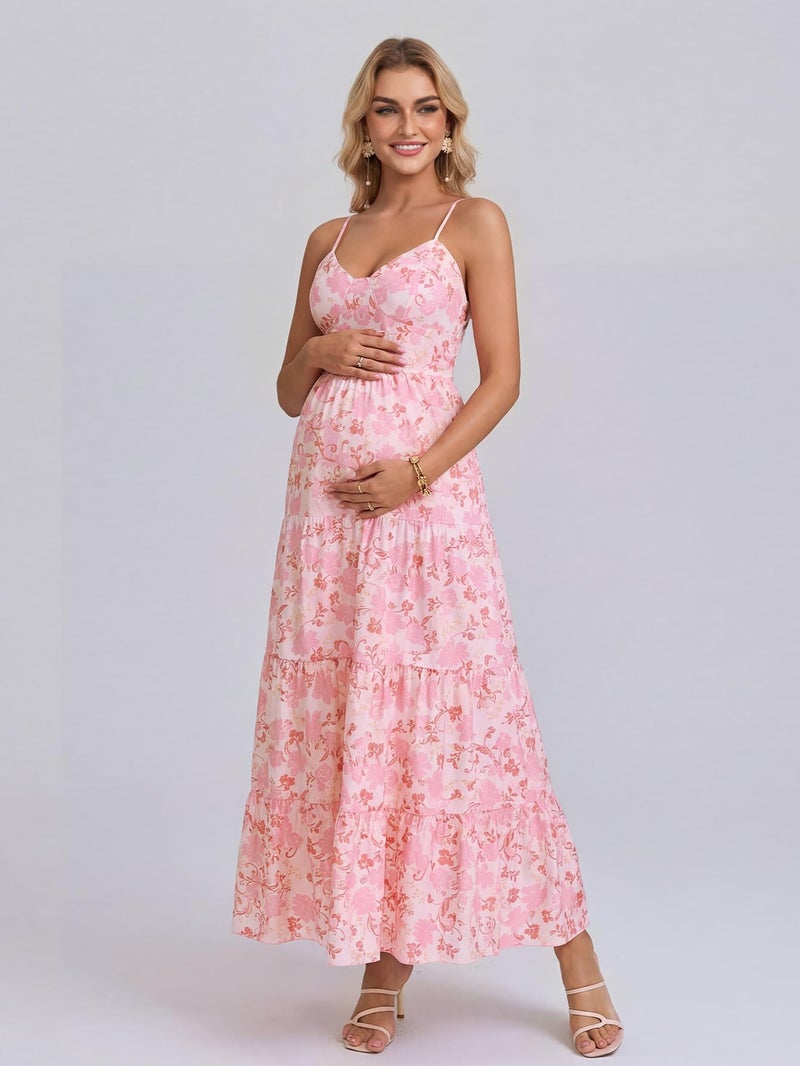 HTZMO Maternity Floral Summer Maxi Dress Bow Tie V Neck Baby Shower Photoshoot Casual Boho Long Sundress for Women Pink Floral M - Image 2