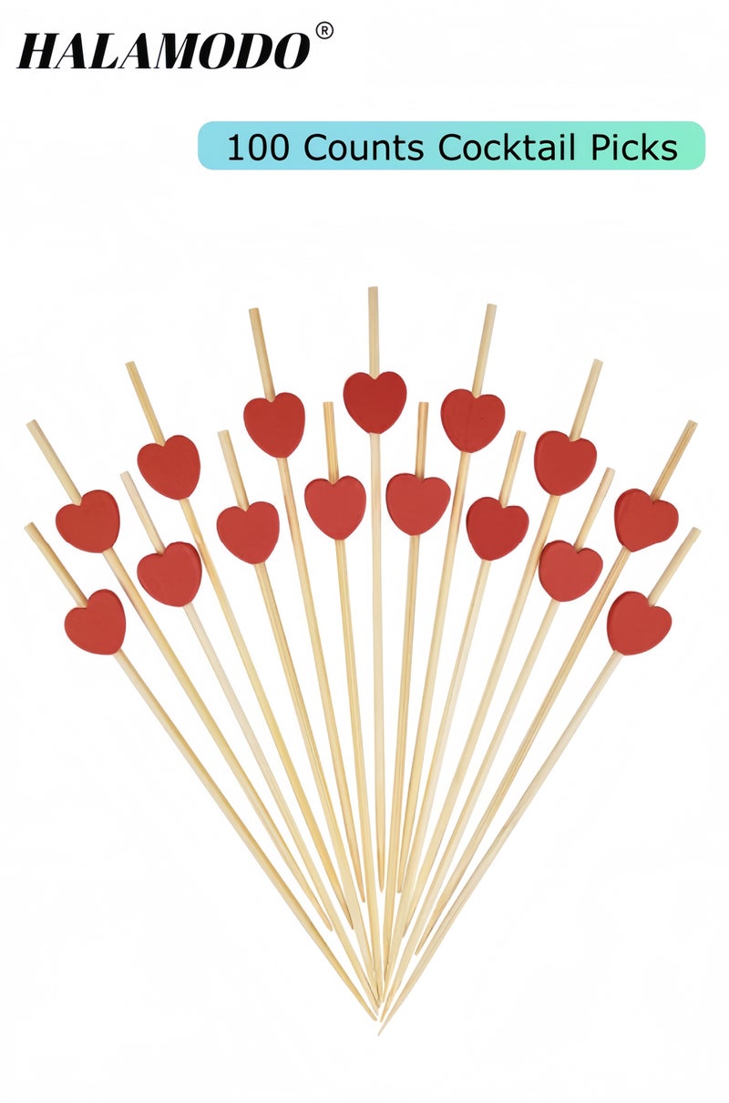 HALAMODO Red Love Heart Cocktail Picks, 4.7 Inch Long Bamboo Fancy Toothpicks for Appetizers, Decorative Bridal Wedding Valentines Party Food Drinks Garnish Fruit Skewer Sticks 100 Counts - Image 1