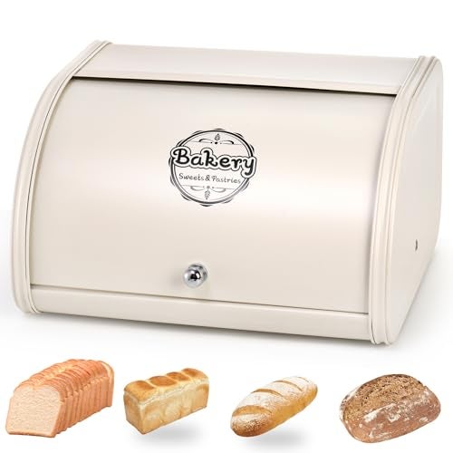 SOUJOY Countertop Bread Box, Bread Container for Kitchen, Vintage Metal Roll Top Bread Storage Holder, 1950s Farmhouse Rustic Baking Dispenser Bin for Dry Food Save, 11.8" L x 10" W x 6.7" H - Image 1