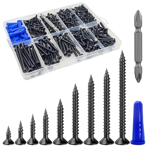 Wensilon 385PCS Flat Head Black Wood Screws Quick Metal self Tapping Flat Head Equipped with Dry Wall Plastic Anchor kit - Image 1