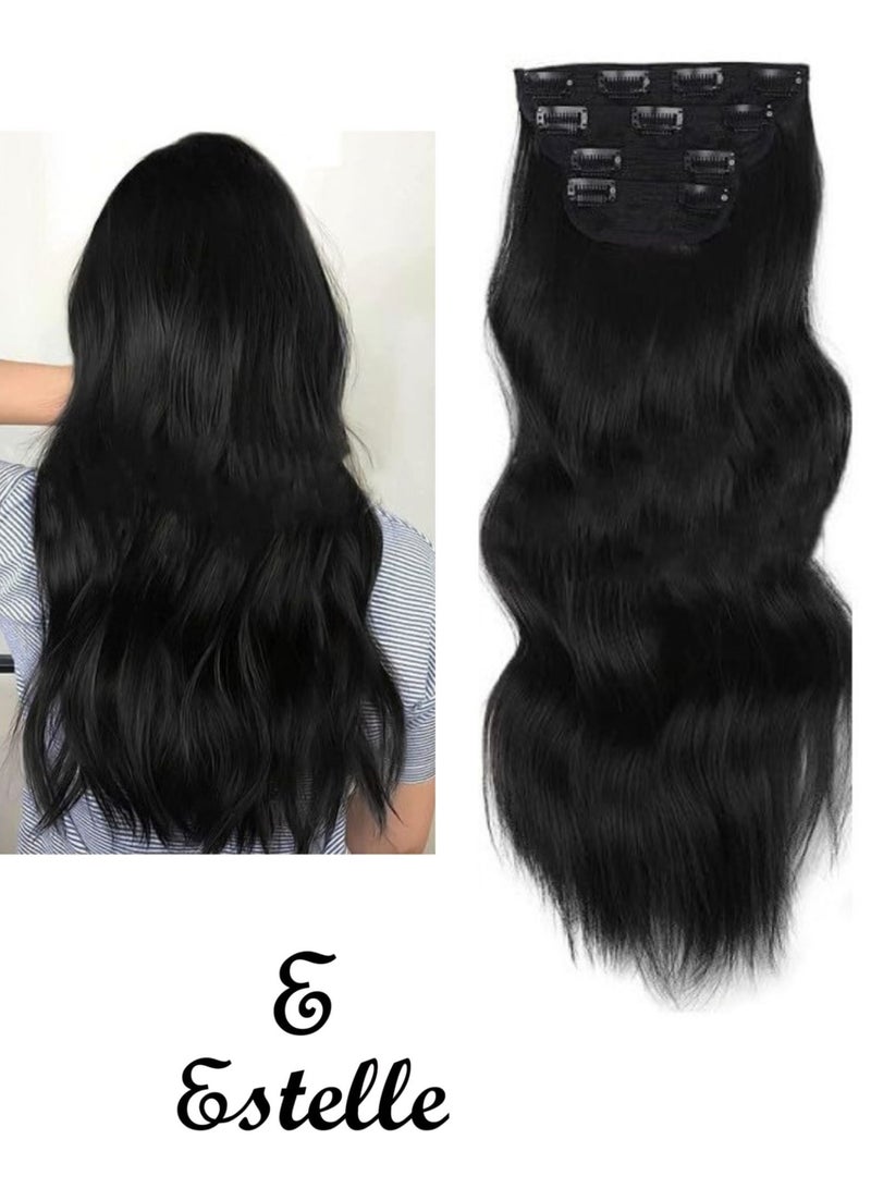 إستيل وصلات شعر بمشبك للنساء، قطع شعر من الألياف بمشبك سميك على وصلات شعر بلاستيكية مع مشابك غير مرئية للسيدات، 4 قطع باللون الأسود الداكن - Image 1