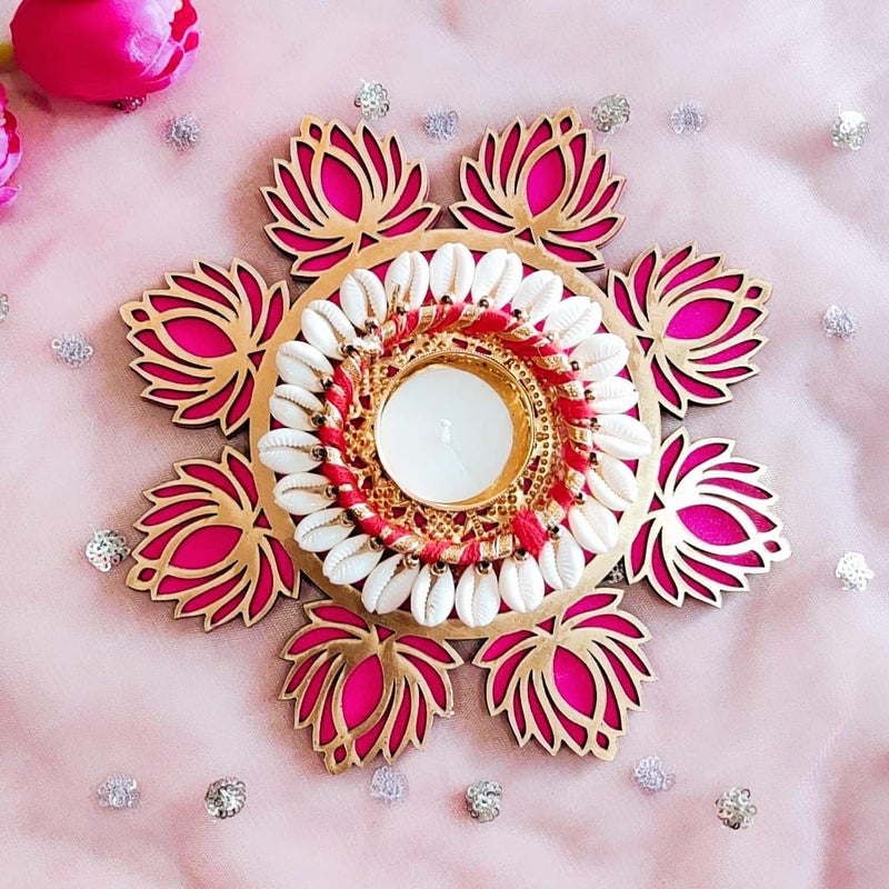 JAIPUR ACE Jaipur Ace Decorative Diwali Tealight Diya Handmade MDF Lotus tealight Candle Holder with Shell Tealight Rangoli DiyaCandles Set for Home Decoration Diwali Laxmi Pooja Diya Pack of 1  - Image 1