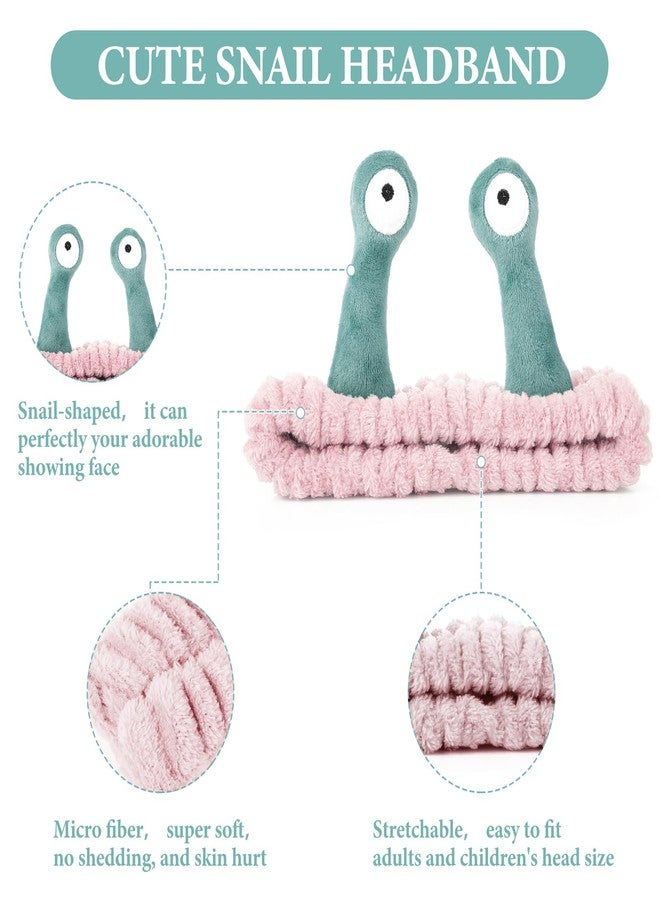 Molain Face Wash Headband, Palm and Snail Spa Hair Bands Makeup Headbands Women Cartoon Cute Coral Fleece Elastic Headband Creative Hair Accessories for Washing Face Shower Sports (Pink and Green) - Image 3