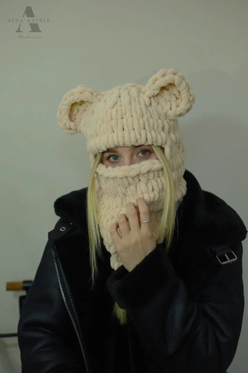 نيكادو Animal Figure Hat Puffy Beanie Snow Mask Ski&Snowboard Balaclava Knitted Beanie Knitted Hat