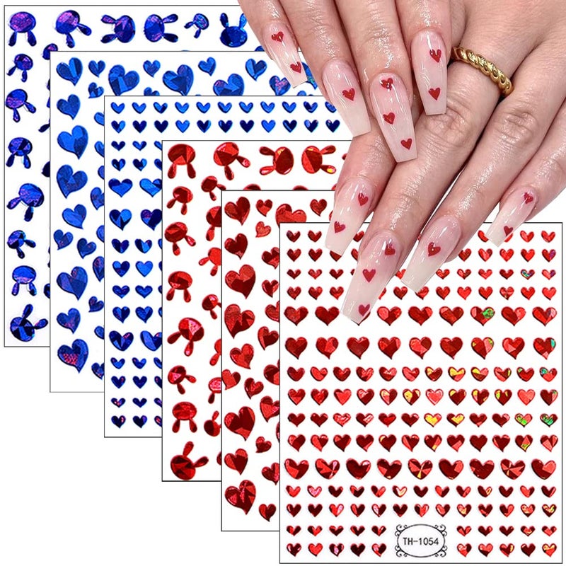 6 Sheets Heart Nail Art Stickers Valentines Day Nail Decals 3D SelfAdhesive Nail Art Supplies Blue Red Love Heart Rabbit Nail Designs Sticker for Women Girls DIY Valentines Manicure Decorations