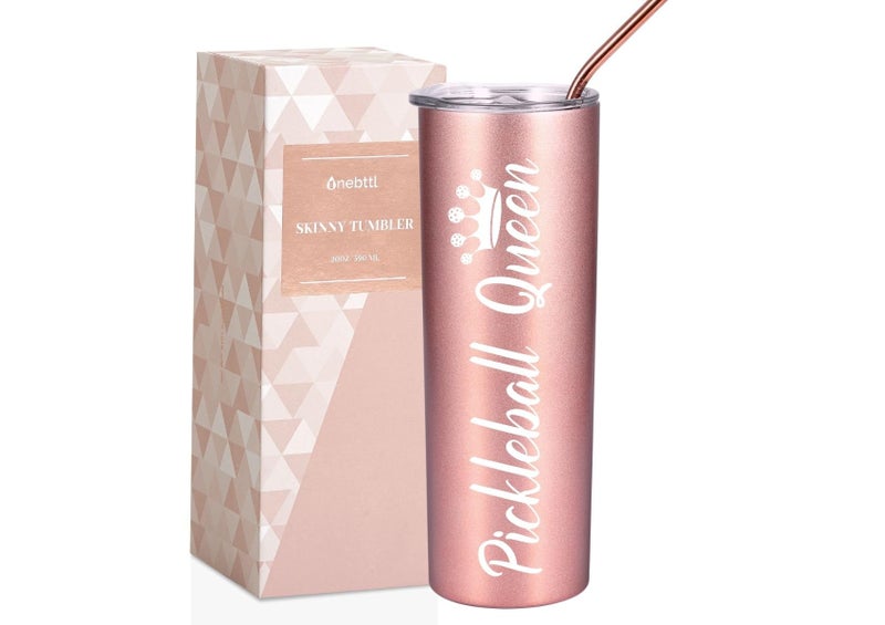 Onebttl Pickleball Gifts for Women  20 oz Stainless Steel Skinny Tumbler with Lid Pickleball Queen Rose Gold