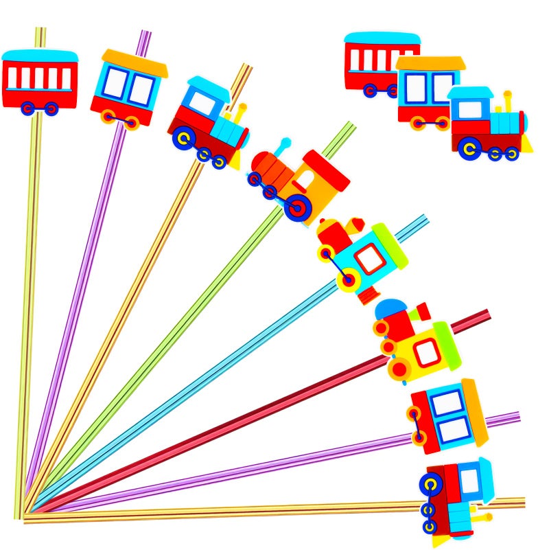 24 Pack Train Theme Reusable Plastic Straws  6 Colors Drink  Cocktail Straws with Cartoon Decoration  Kids Party Supplies  Birthday Favors  Includes 2 Cleaning Brushes
