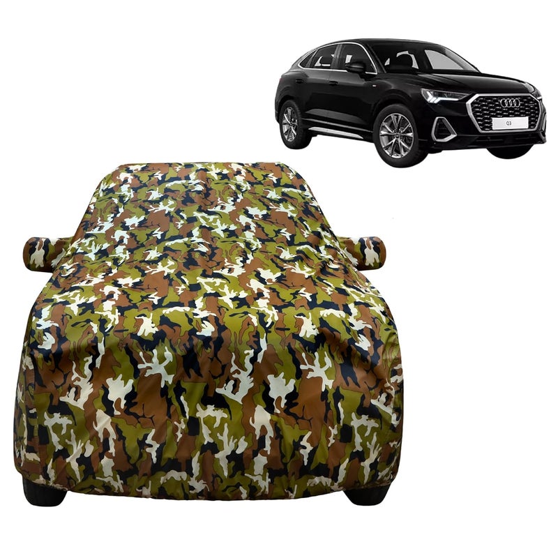 VYAS 100% Waterproof Car Body Cover for Audi Q3 with Mirror Pocket Triple Stitched Belt & Buckle Fitting Dual Elastic, Durable Material Jungle Print Camouflage Design - Image 1