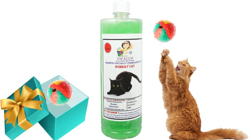 swacch Bombay Cat Shampoo + Rubber Musical Ball I Chew Playing Rubber Ball I Interactive Cat Toy Balls I Training & Play I Combo Pack I 1 Litre Neem Alovera - Image 1