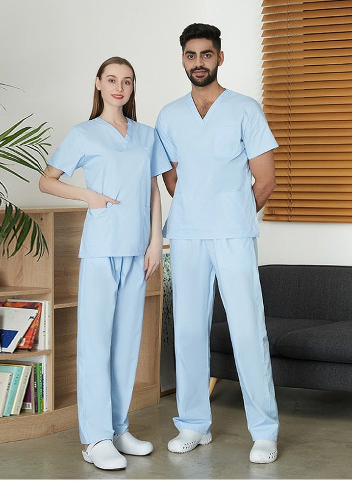 Loquat Unisex Loose Medical Uniform Scrubs 2 Piece Set V-Neck Top and Elastic Waist Pants Suit Pale Blue - Image 2
