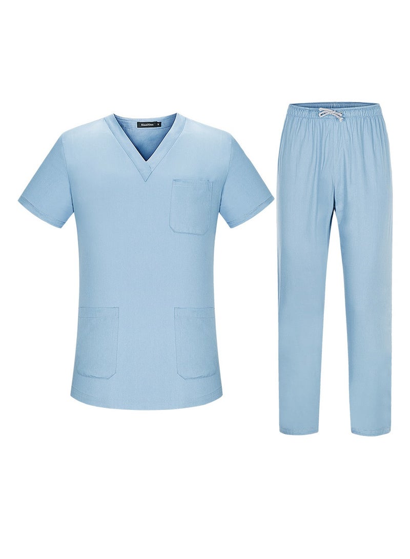 Loquat Unisex Loose Medical Uniform Scrubs 2 Piece Set V-Neck Top and Elastic Waist Pants Suit Pale Blue - Image 1